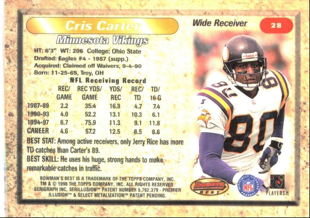 1998 Bowman's Best Cris Carter Minnesota Vikings #28
