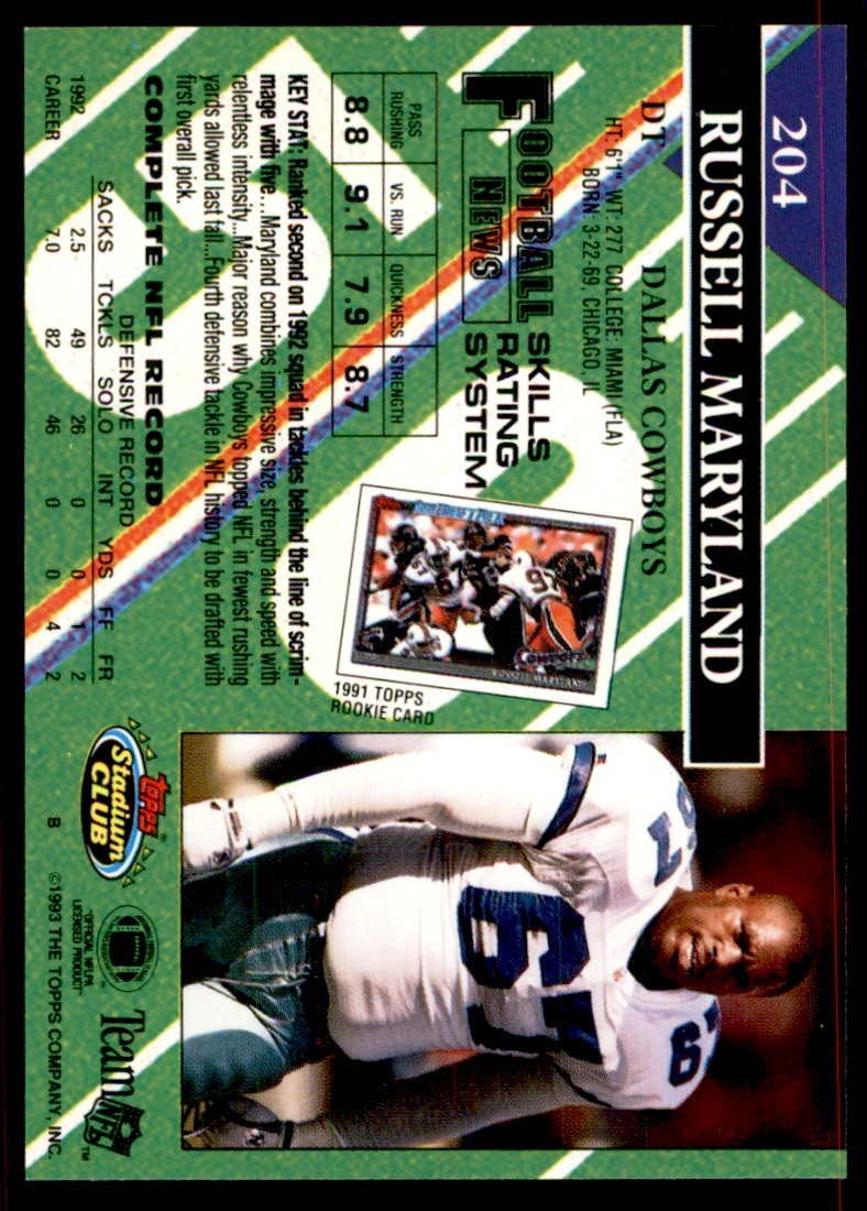 1993 STADIUM CLUB. RUSSELL MARYLAND DALLAS COWBOYS #204