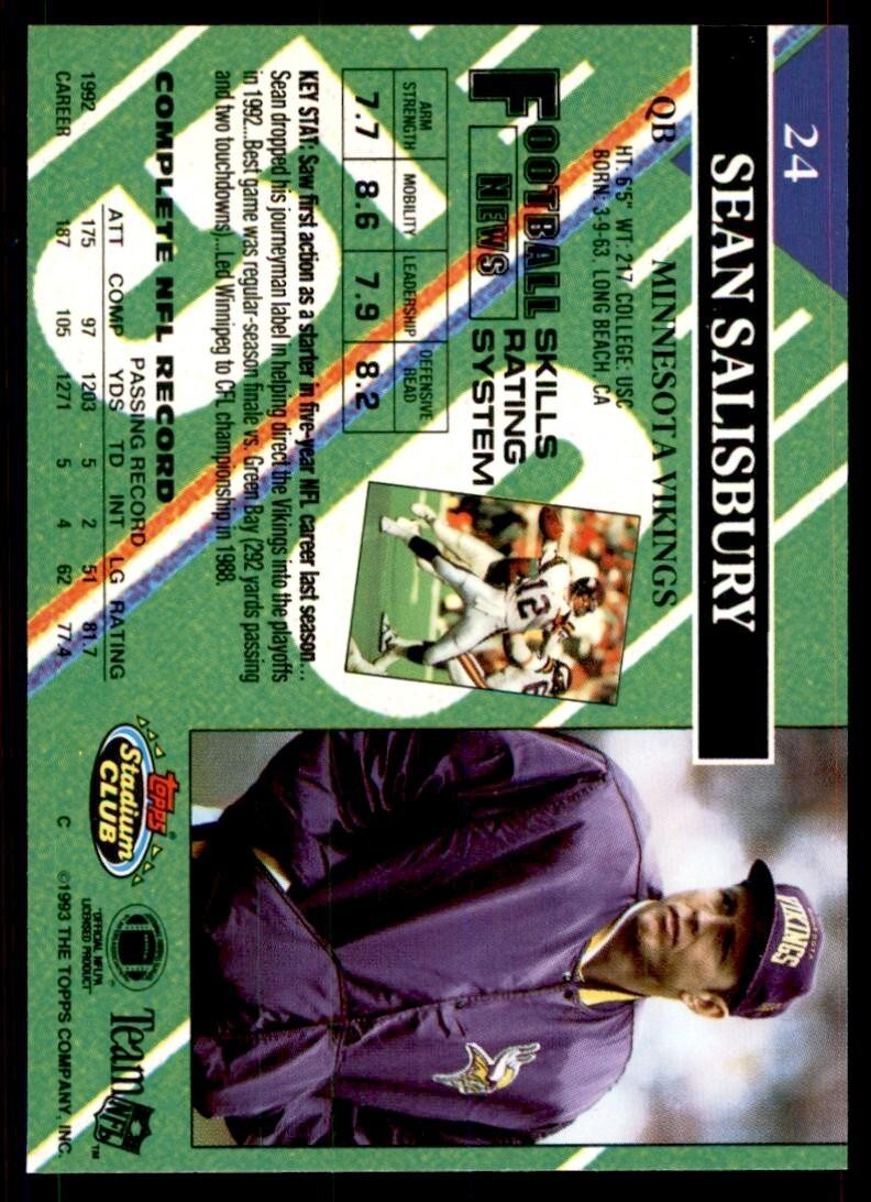 1993 STADIUM CLUB. SEAN SALISBURY MINNESOTA VIKINGS #24