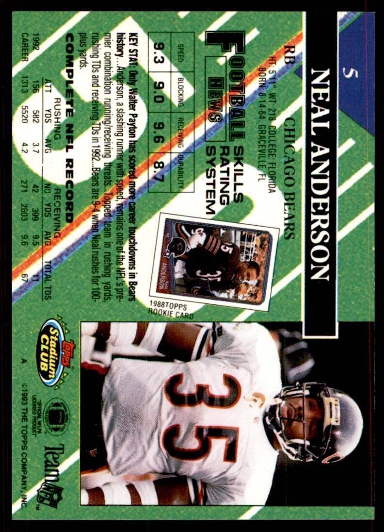 1993 STADIUM CLUB. NEAL ANDERSON CHICAGO BEARS #5