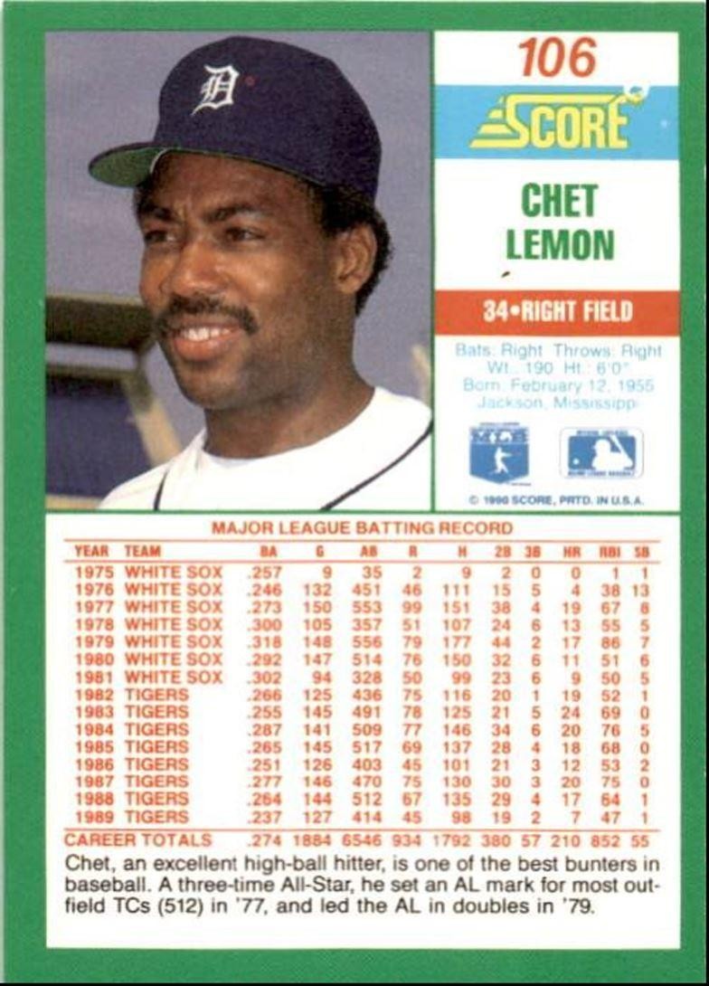 1990 Score Chet Lemon Detroit Tigers #106