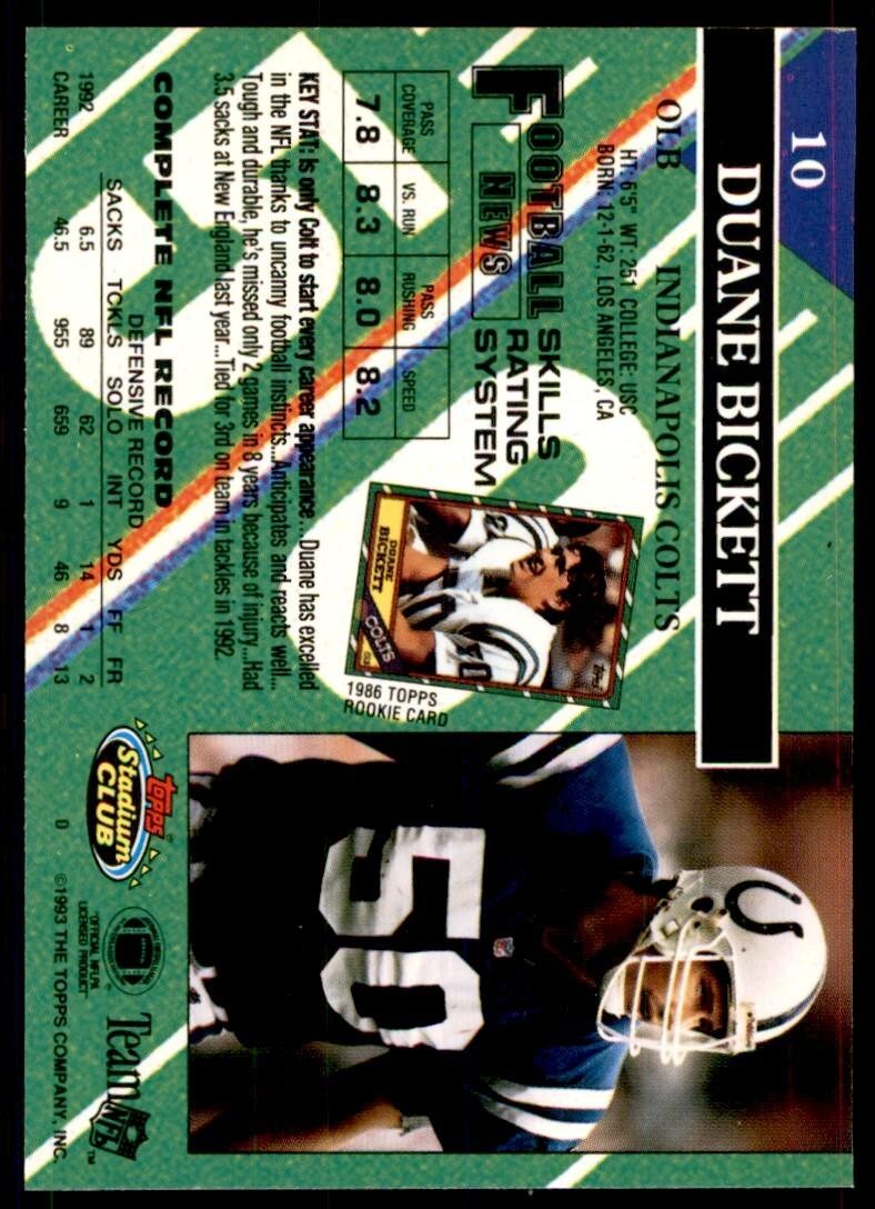 1993 STADIUM CLUB. DUANE BICKETT INDIANAPOLIS COLTS #10