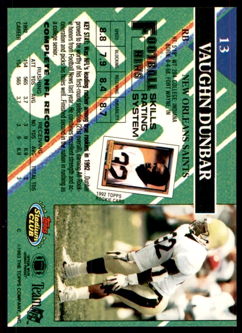 1993 STADIUM CLUB. VAUGHN DUNBAR NEW ORLEANS SAINTS #13