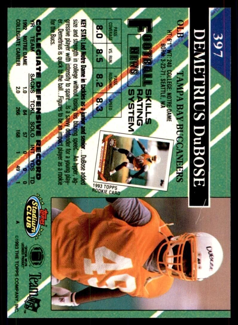 1993 STADIUM CLUB. DEMETRIUS DUBOSE TAMPA BAY BUCCANEERS #397