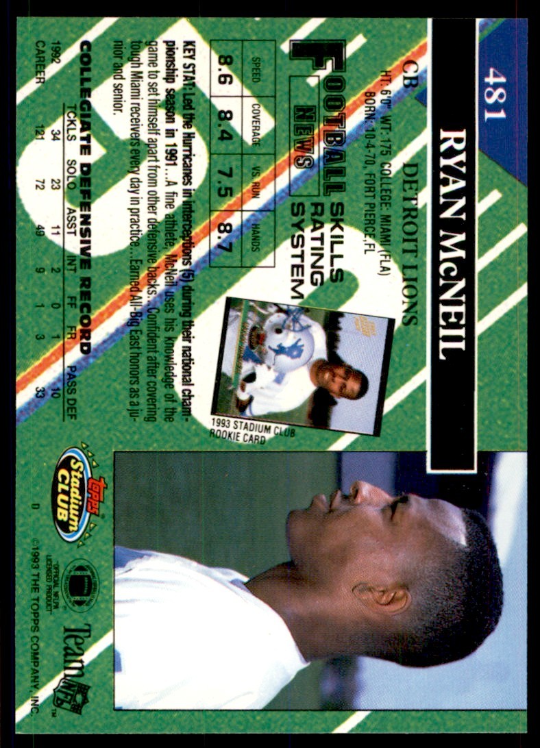 1993 STADIUM CLUB. RYAN MCNEIL DETROIT LIONS #481