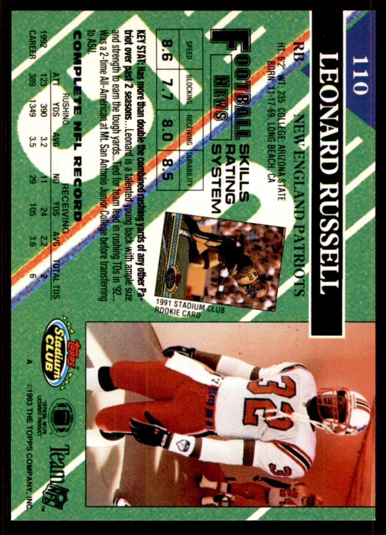 1993 STADIUM CLUB. LEONARD RUSSELL NEW ENGLAND PATRIOTS #110