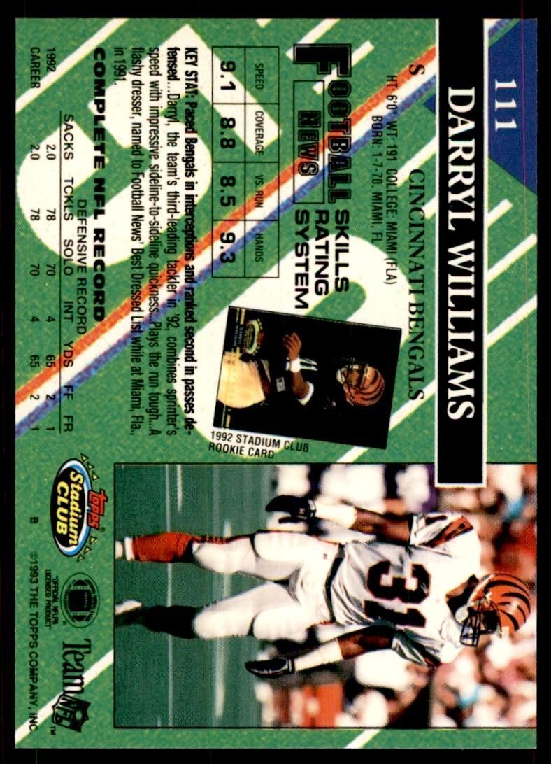 1993 STADIUM CLUB. DARRYL WILLIAMS CINCINNATI BENGALS #111