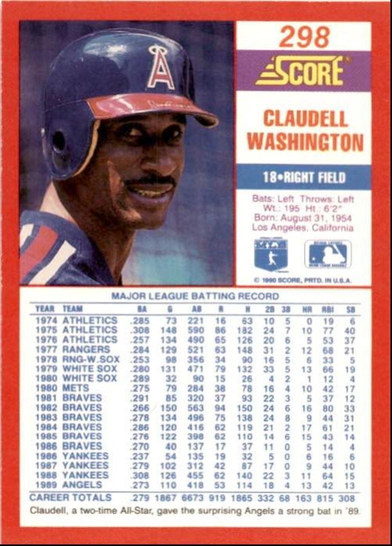 1990 Score Claudell Washington California Angels #298