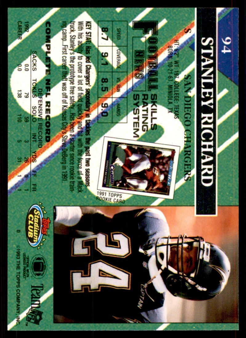 1993 STADIUM CLUB. STANLEY RICHARD SAN DIEGO CHARGERS #94