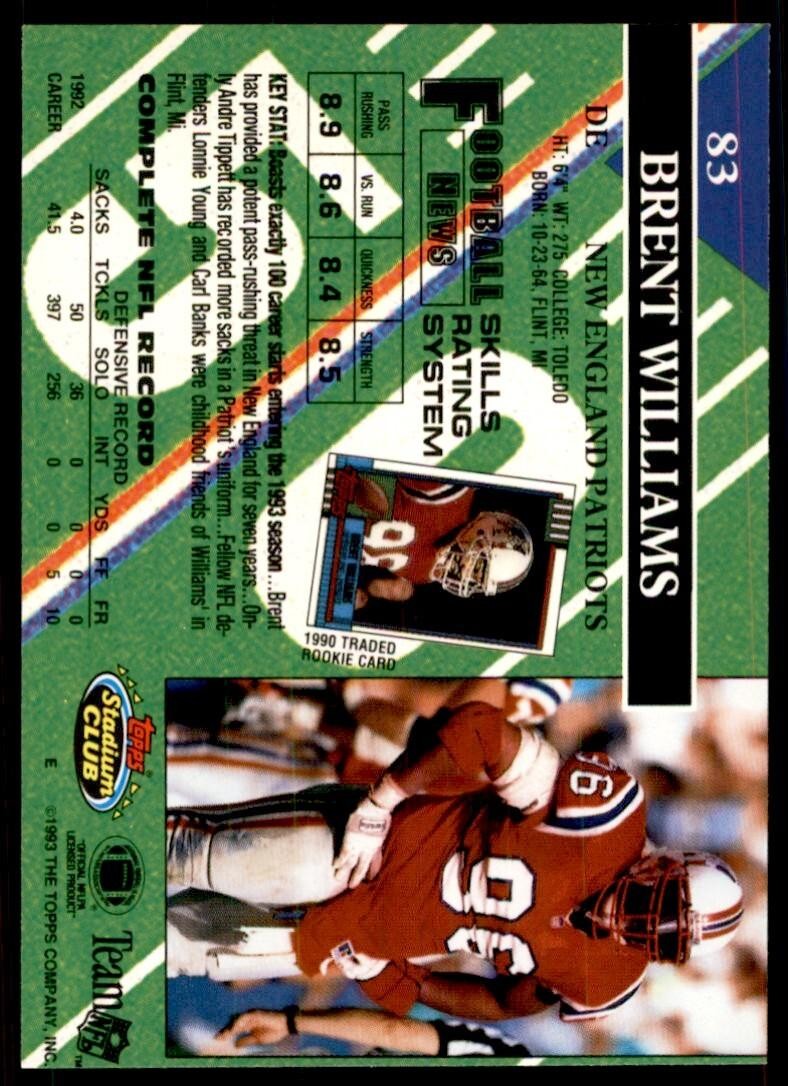 1993 STADIUM CLUB. BRENT WILLIAMS NEW ENGLAND PATRIOTS #83