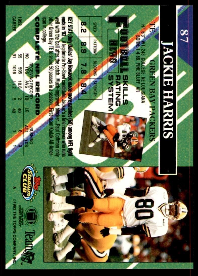 1993 STADIUM CLUB. JACKIE HARRIS GREEN BAY PACKERS #87