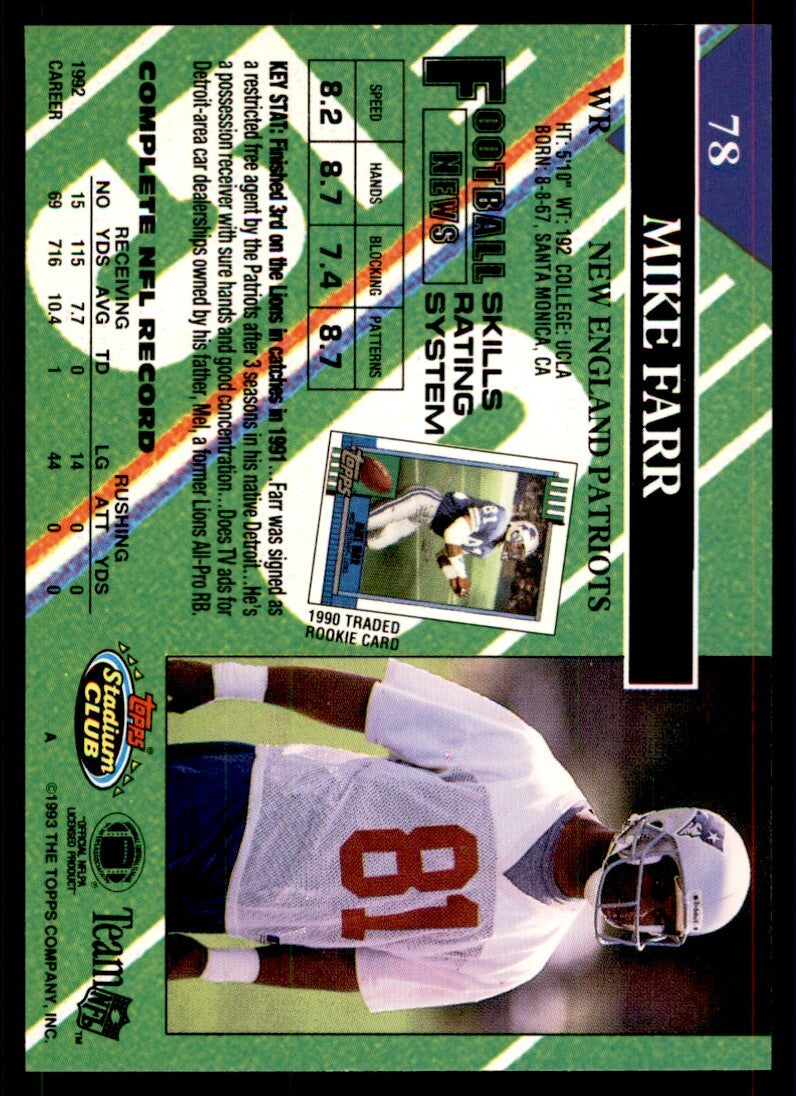 1993 STADIUM CLUB. MIKE FARR NEW ENGLAND PATRIOTS #78