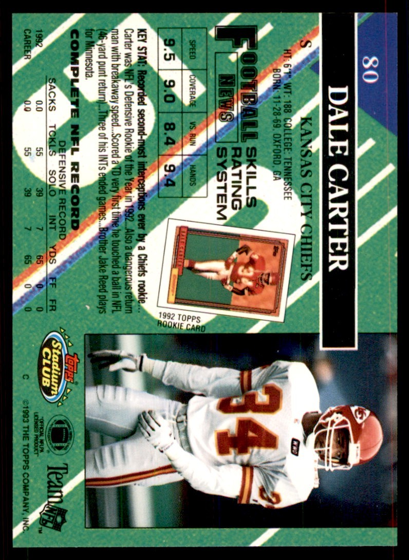 1993 STADIUM CLUB. DALE CARTER KANSAS CITY CHIEFS #80