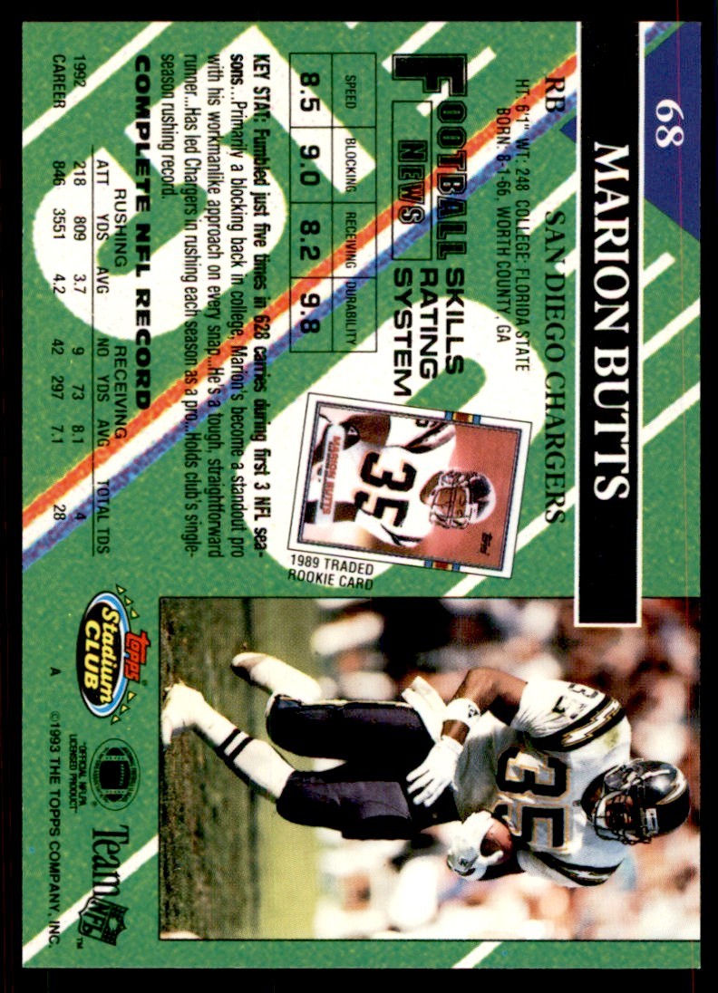 1993 STADIUM CLUB. MARION BUTTS SAN DIEGO CHARGERS #68