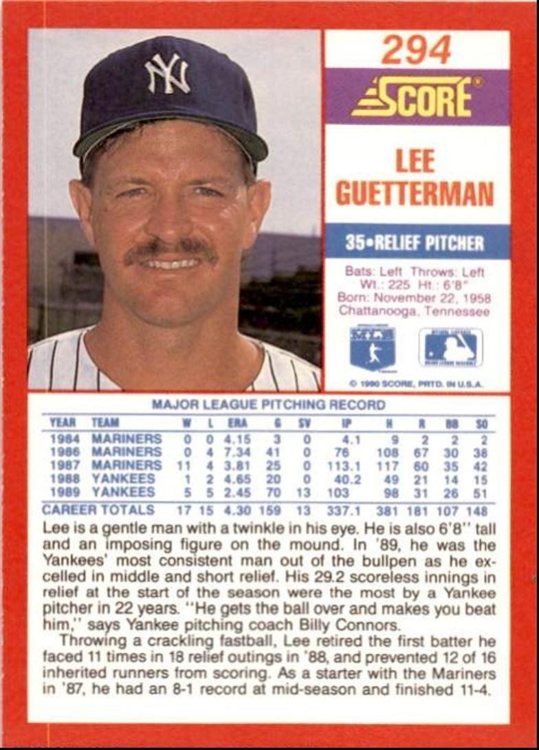 1990 Score Lee Guetterman New York Yankees #294