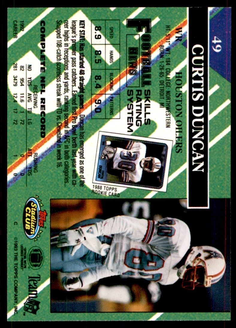 1993 STADIUM CLUB. CURTIS DUNCAN HOUSTON OILERS #49
