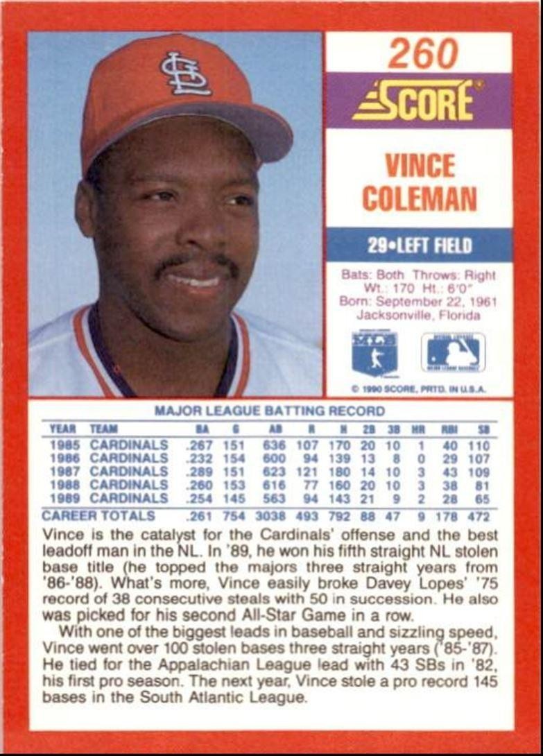 1990 Score Vince Coleman St. Louis Cardinals #260