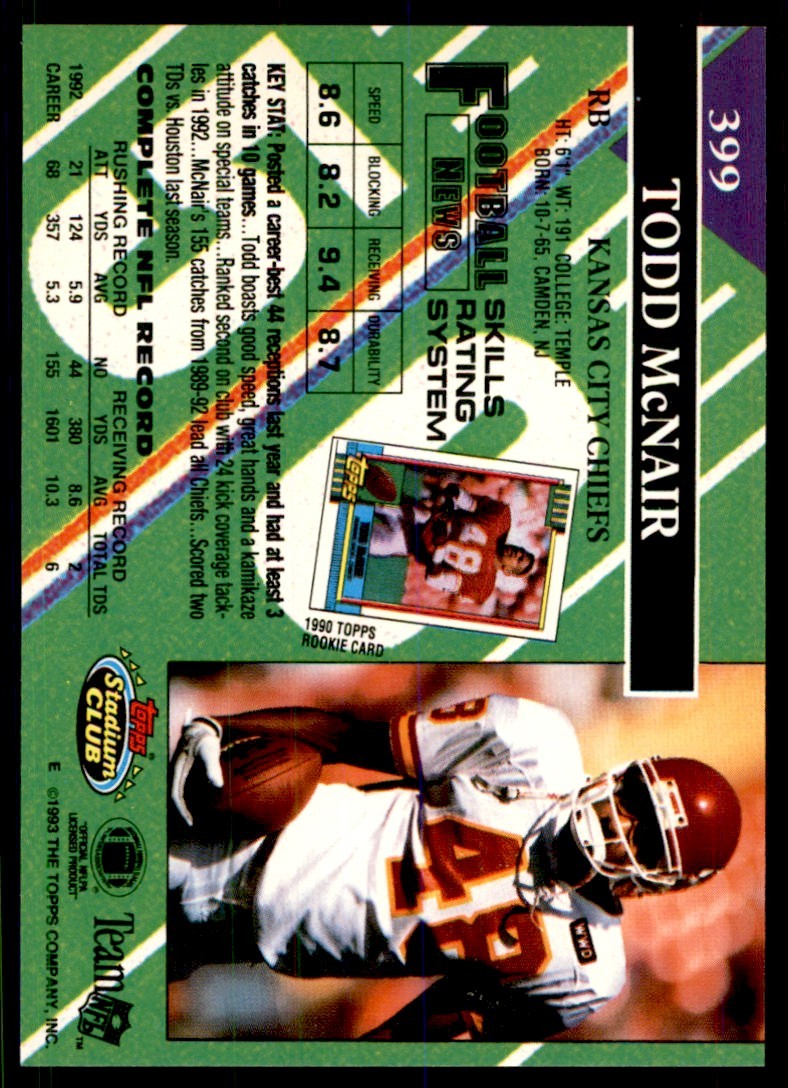 1993 STADIUM CLUB* TODD MCNAIR KANSAS CITY CHIEFS #399