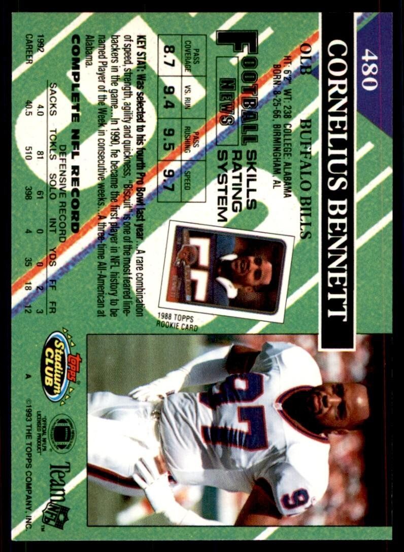 1993 STADIUM CLUB* CORNELIUS BENNETT BUFFALO BILLS #480