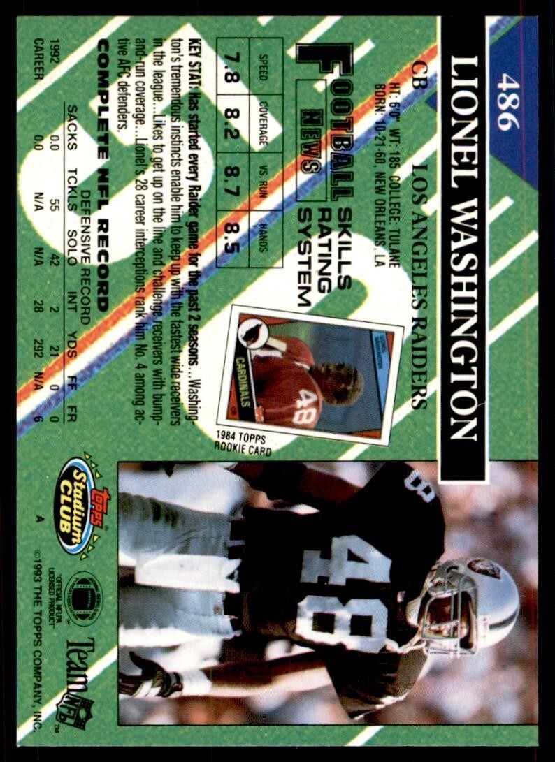 1993 STADIUM CLUB* LIONEL WASHINGTON LOS ANGELES RAIDERS #486