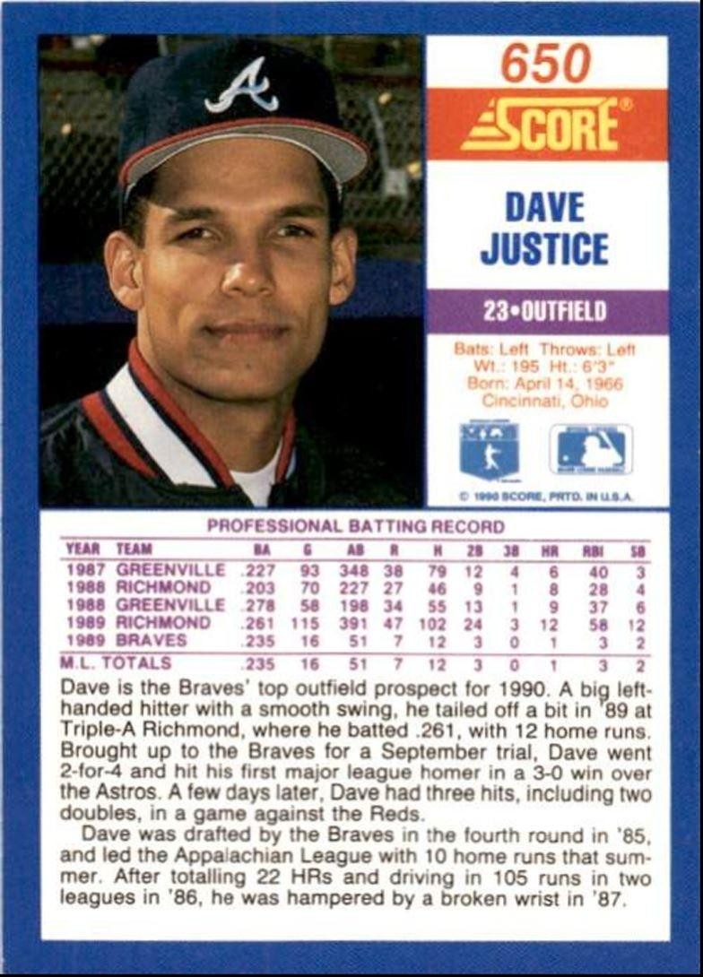 1990 Score Dave Justice Rookie Atlanta Braves #650