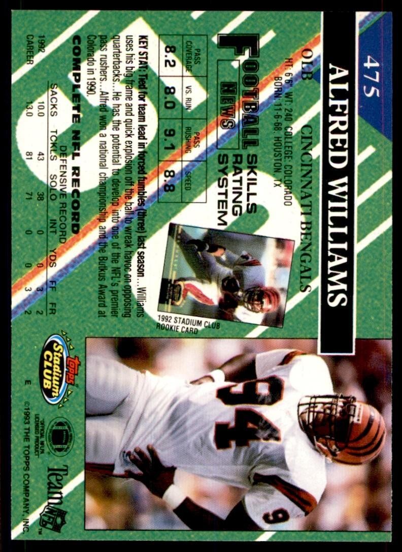 1993 STADIUM CLUB* ALFRED WILLIAMS CINCINNATI BENGALS #475