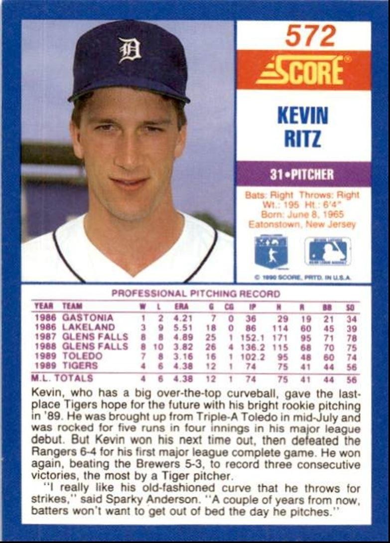 1990 Score Kevin Ritz Rookie Detroit Tigers #572