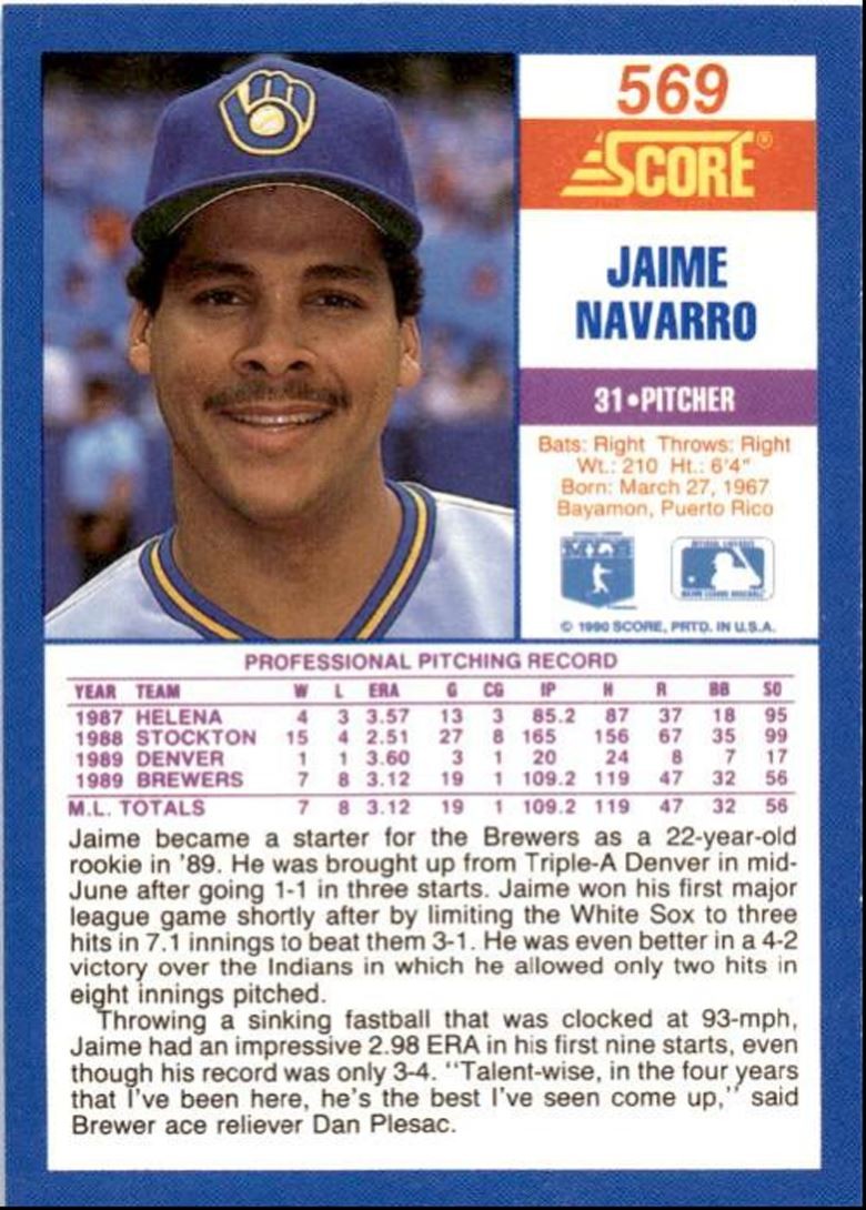 1990 Score Jaime Navarro Milwaukee Brewers #569