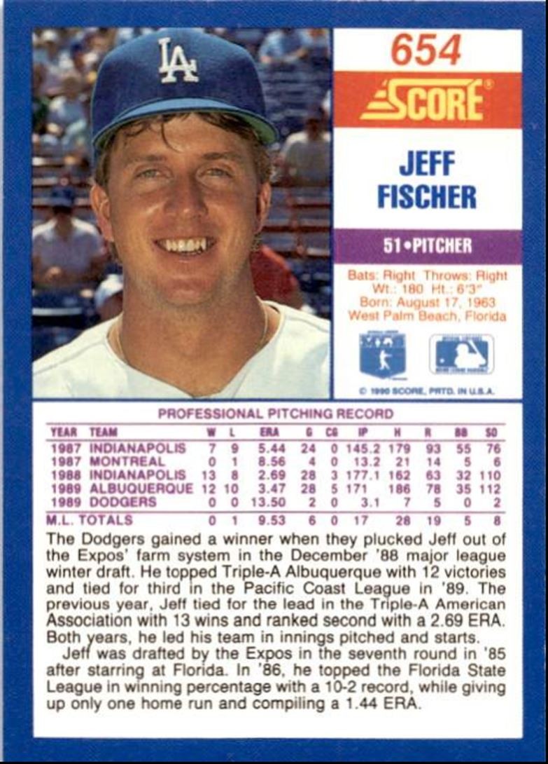 1990 Score Jeff Fischer Rookie Los Angeles Dodgers #654