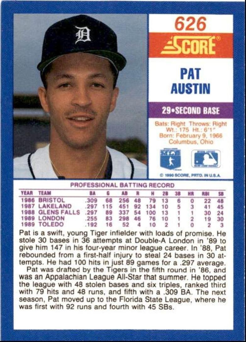 1990 Score Pat Austin Rookie Detroit Tigers #626