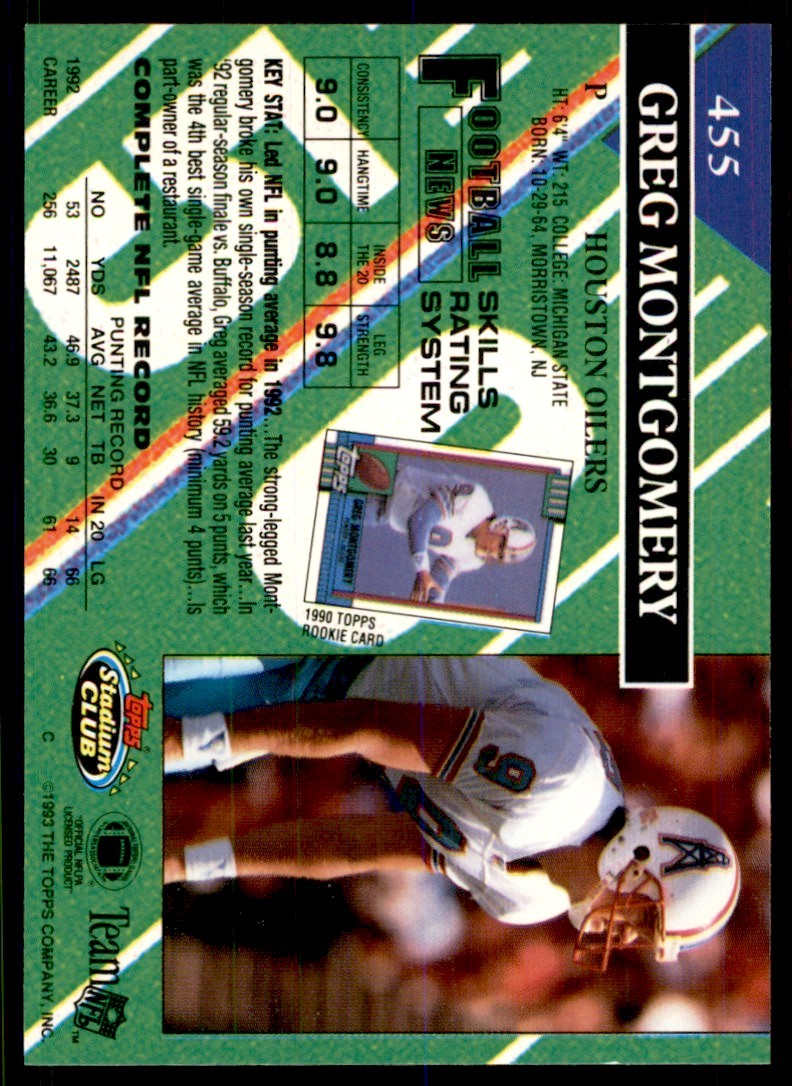1993 STADIUM CLUB* GREG MONTGOMERY HOUSTON OILERS #455