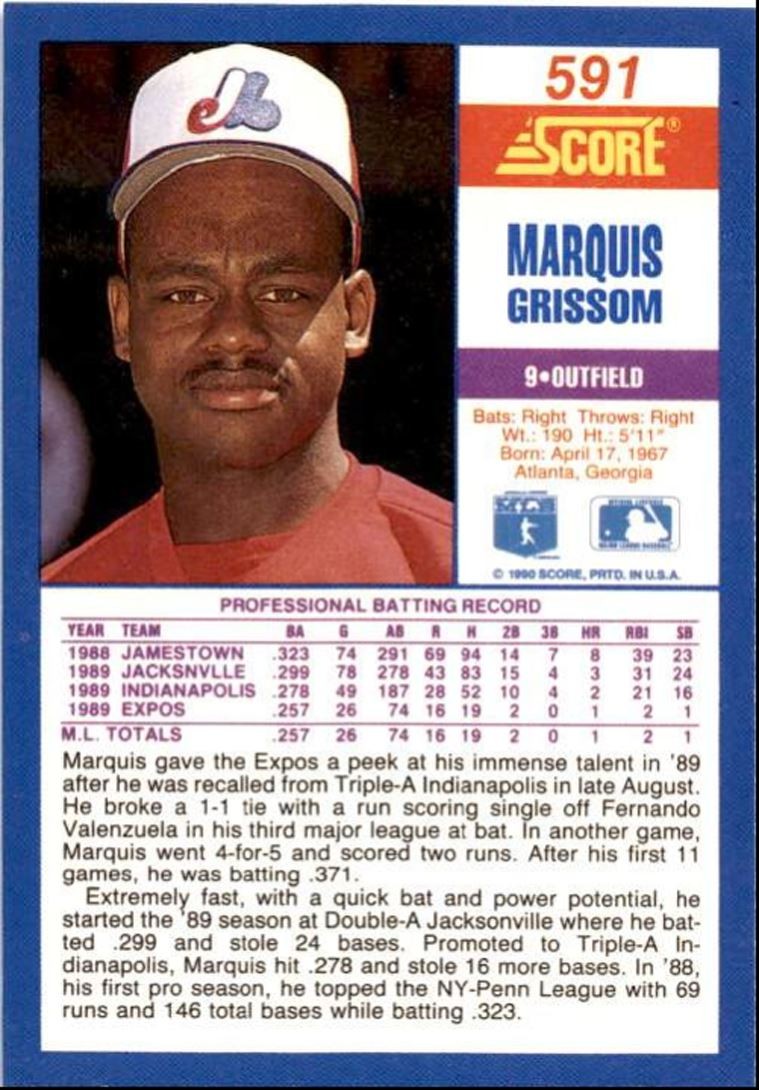 1990 Score Marquis Grissom Rookie Montreal Expos #591
