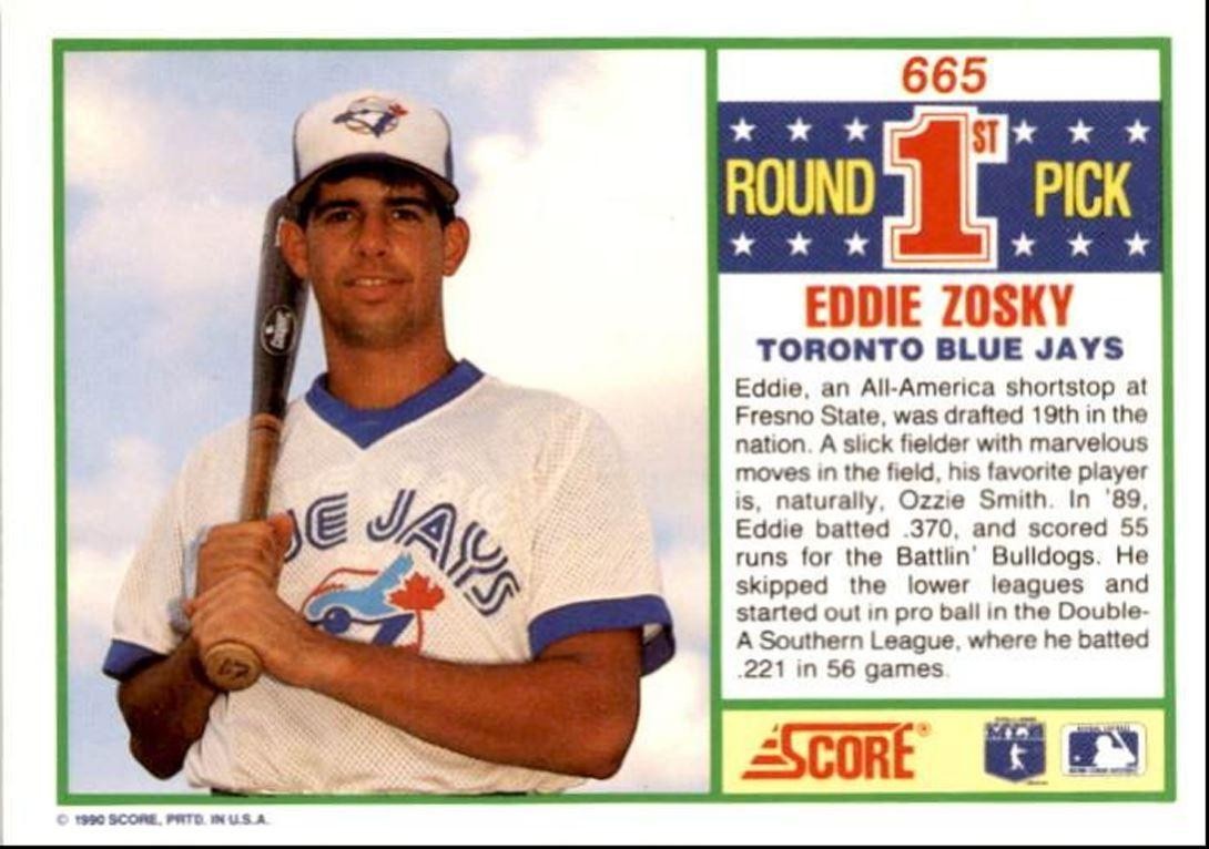 1990 Score Eddie Zosky Rookie Toronto Blue Jays #665