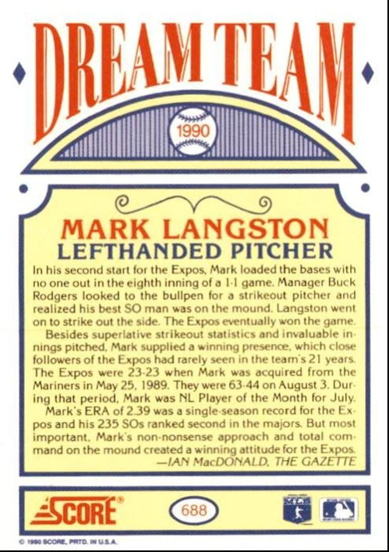 1990 Score Mark Langston Montreal Expos #688