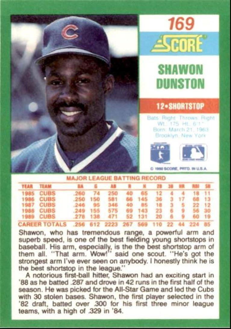 1990 Score Shawon Dunston Chicago Cubs #169