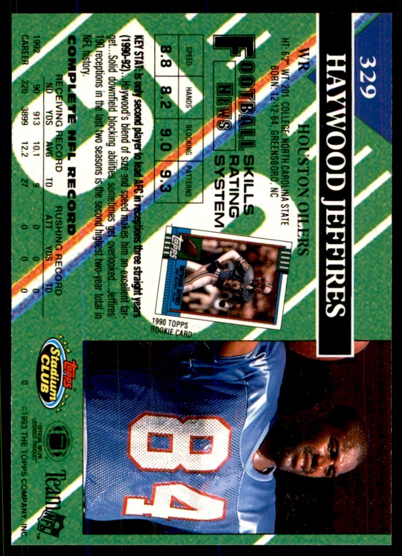 1993 STADIUM CLUB. HAYWOOD JEFFIRES HOUSTON OILERS #329