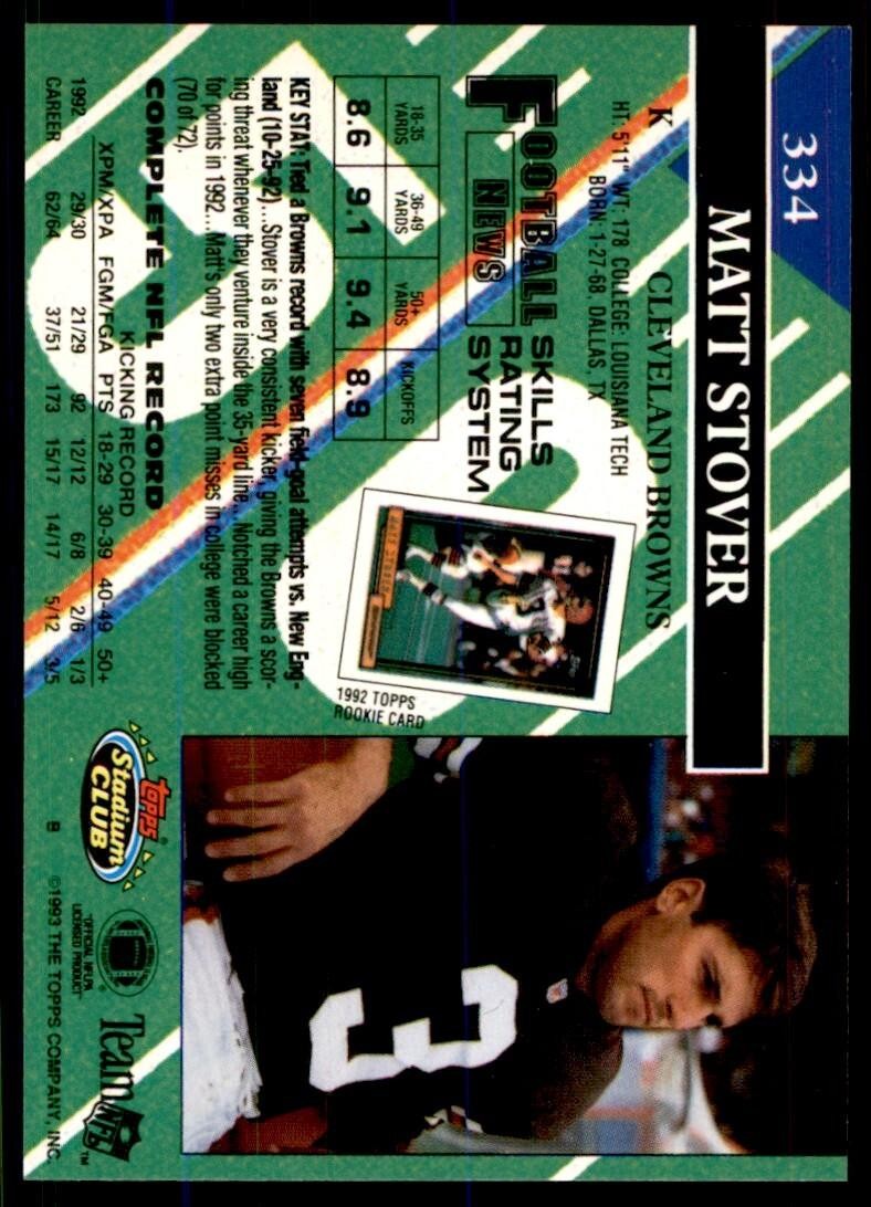 1993 STADIUM CLUB. MATT STOVER CLEVELAND BROWNS #334