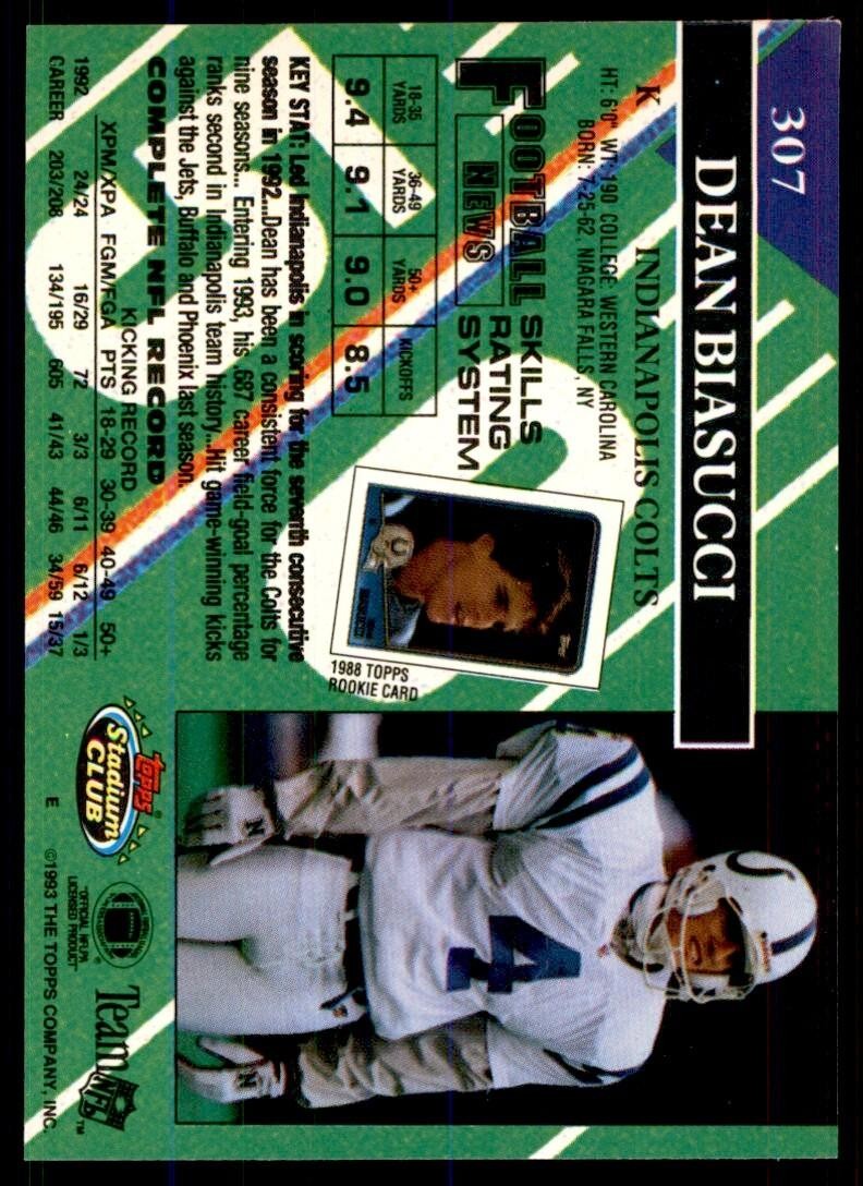 1993 STADIUM CLUB. DEAN BIASUCCI INDIANAPOLIS COLTS #307