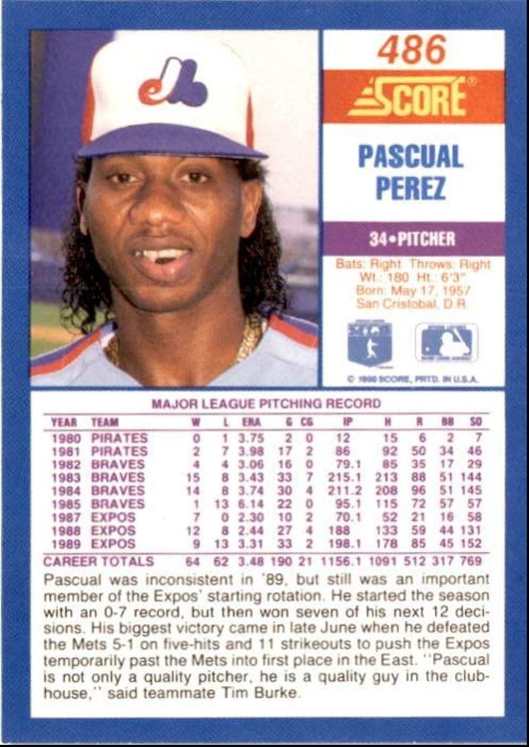 1990 Score Pascual Perez Montreal Expos #486