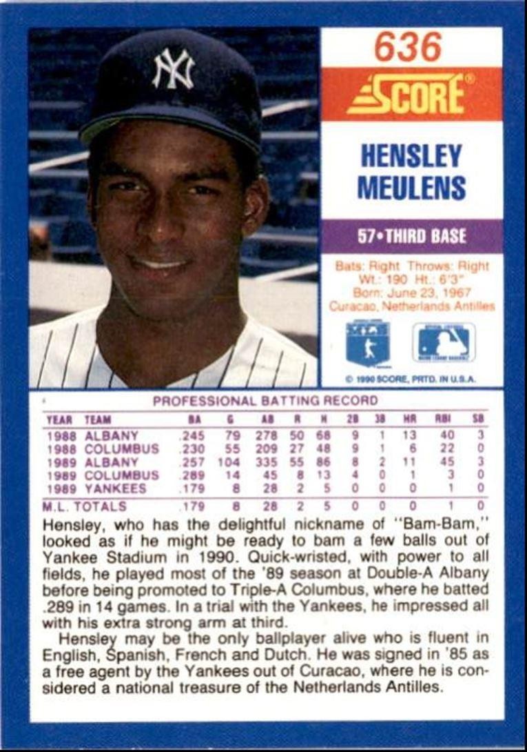 1990 Score Hensley Meulens New York Yankees #636