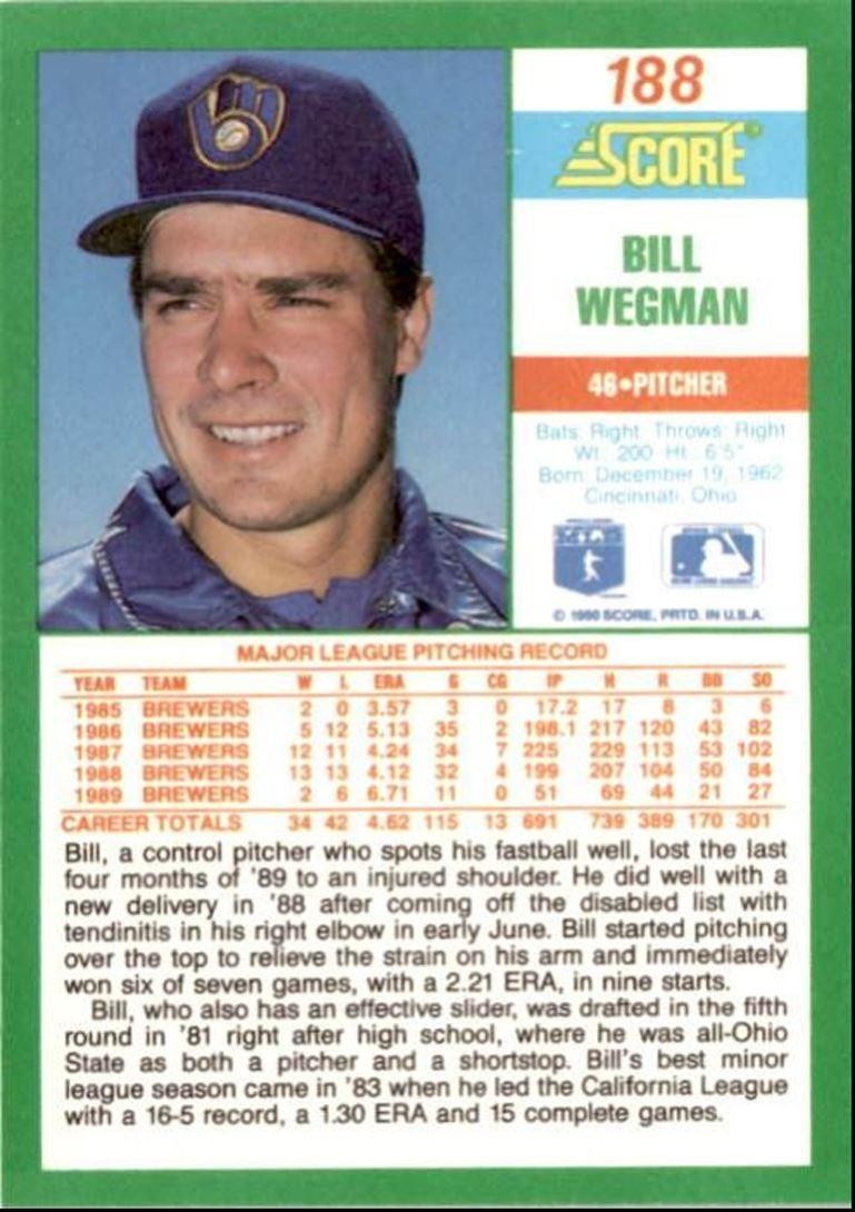 1990 Score Bill Wegman Milwaukee Brewers #188