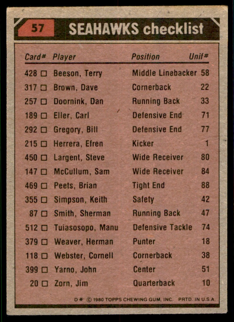 1980 TOPPS SHERMAN SMITH/STEVE LARGENT/DAVE BROWN/MANU TUIASOSOPO SEATTLE