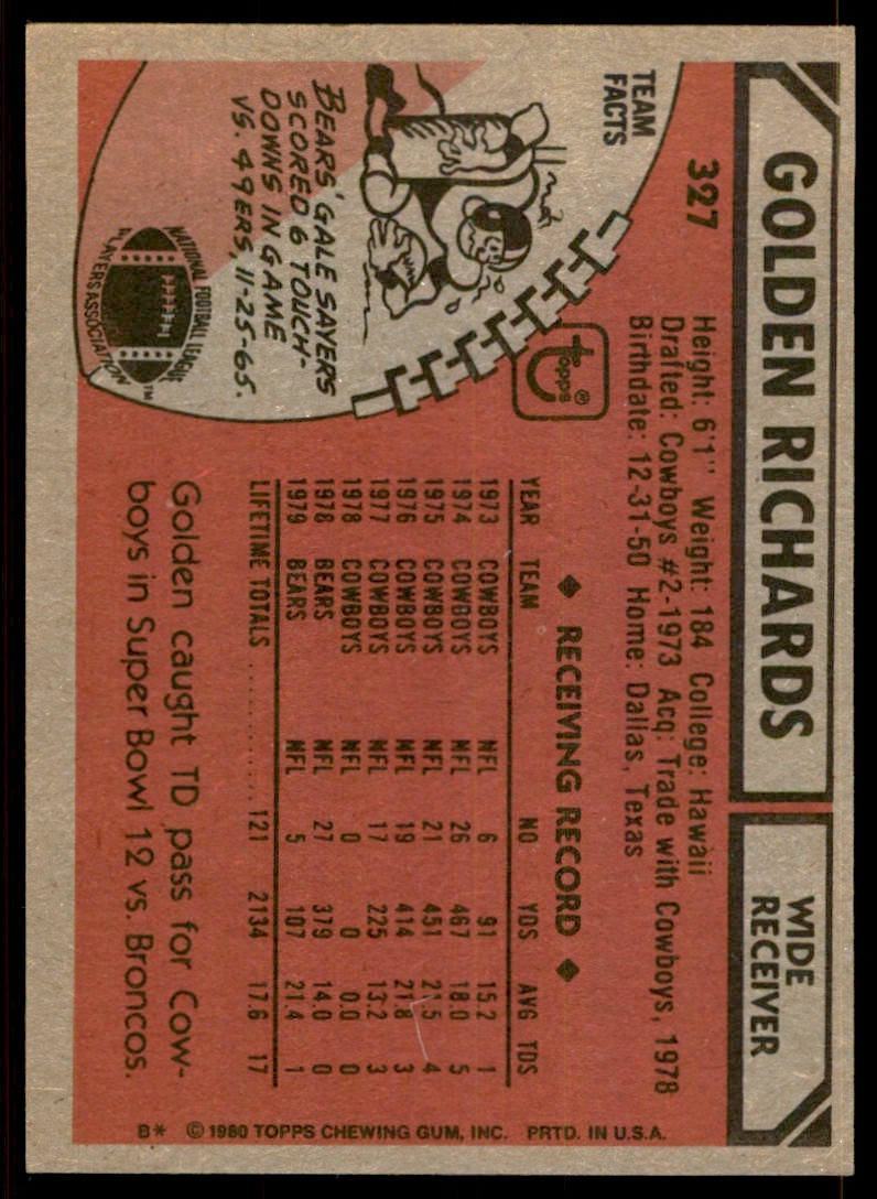 1980 TOPPS FOOTBALL GOLDEN RICHARDS CHICAGO BEARS #327