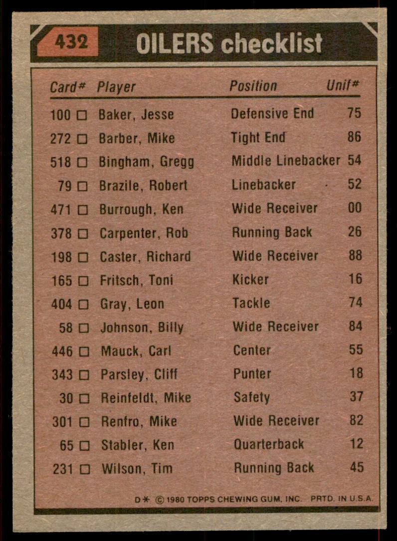 1980 TOPPS DAN PASTORINI/KEN BURROUGH/MIKE REINFELDT/JESSE BAKER HOUSTON OILERS