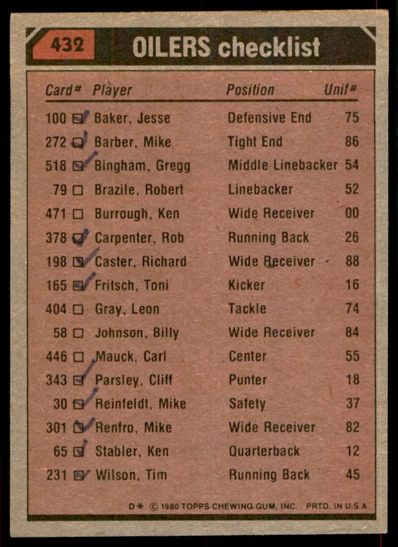 1980 TOPPS FOOTBALL DAN PASTORINI/KEN BURROUGH/MIKE REINFELDT/JESSE BAKER