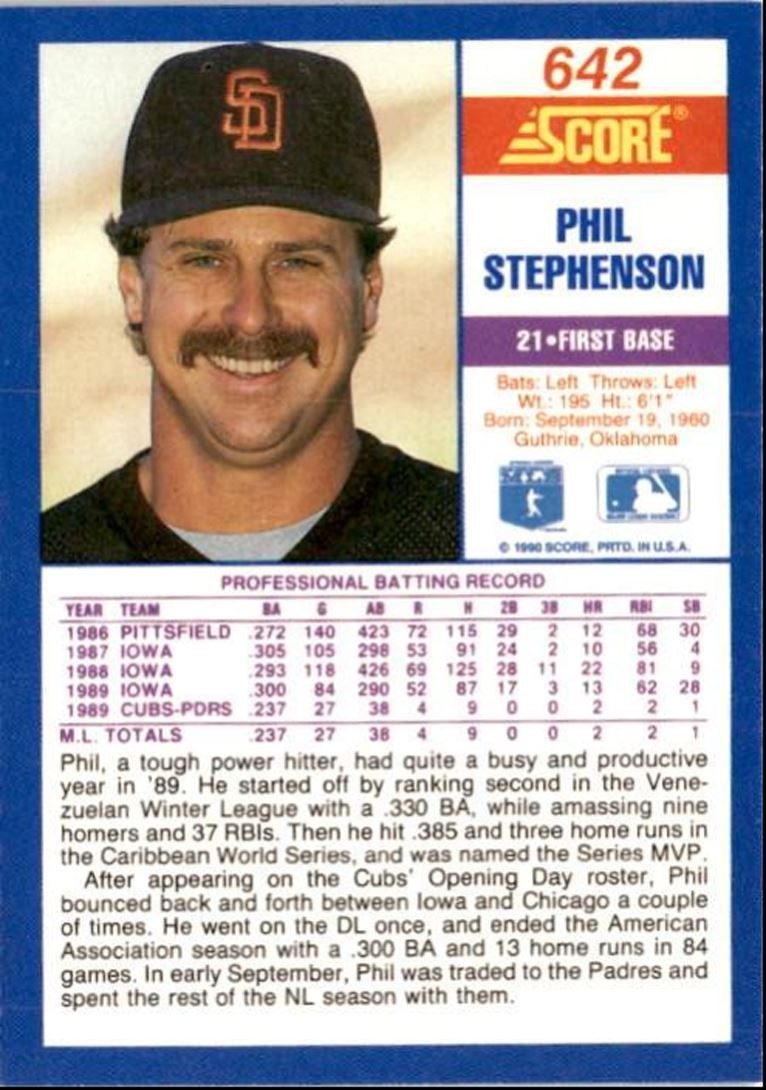 1990 Score Phil Stephenson Rookie San Diego Padres #642