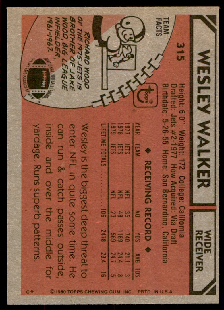 1980 TOPPS FOOTBALL WESLEY WALKER NEW YORK JETS #315