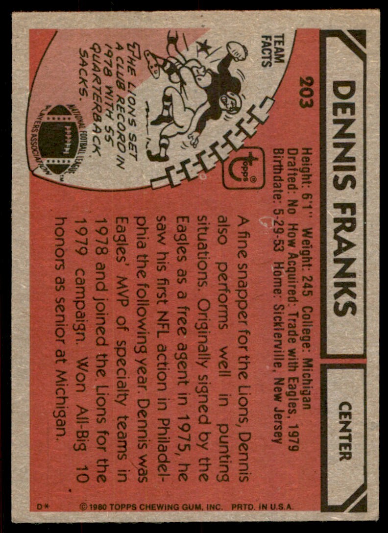 1980 TOPPS DENNIS FRANKS DETROIT LIONS #203