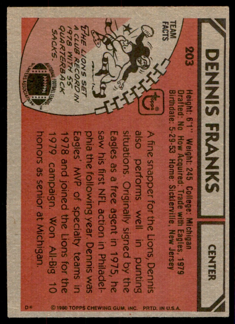 1980 TOPPS NFL DENNIS FRANKS DETROIT LIONS #203