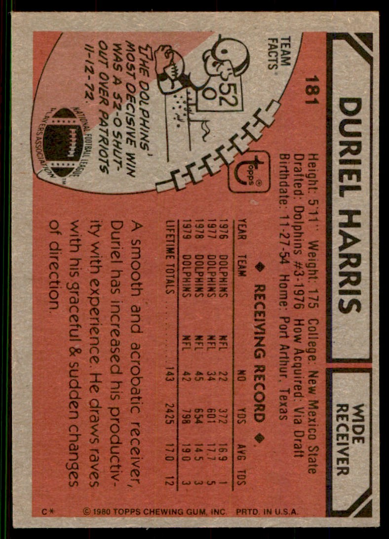 1980 TOPPS FOOTBALL DURIEL HARRIS MIAMI DOLPHINS #181